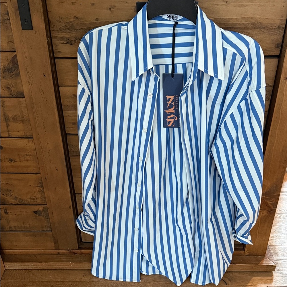 Stylest Blue and White Striped Women’s Swim Coverup Shirt